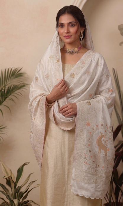 Gold Tissue Unstitched Suit Set with Mina Deer Dupatta
