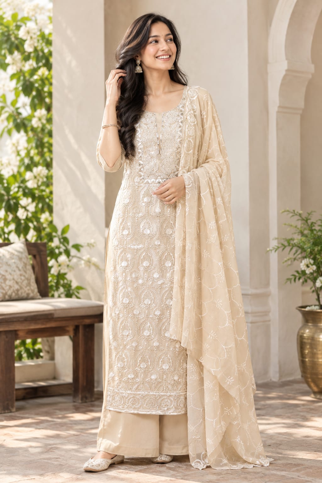 Georgette Embroidered Unstitched Suit- Noor-e-Gul - Dusty Beige