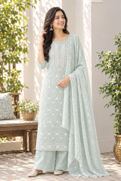 Georgette Embroidered Unstitched Suit- Noor-e-Gul - Dusty Green
