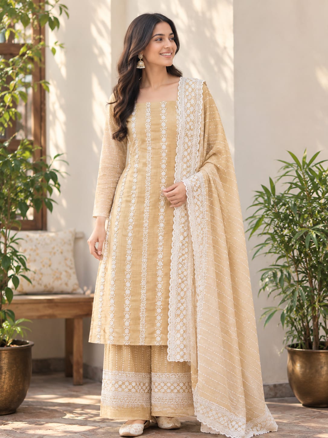 Cotton Embroidered Unstitched Suit- Meher Dusty Beige Bel