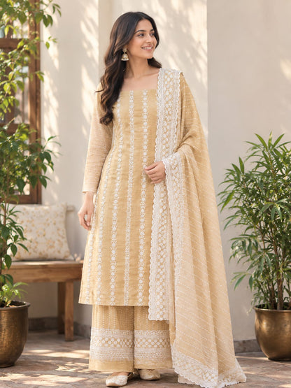 Cotton Embroidered Unstitched Suit- Meher Dusty Beige Bel