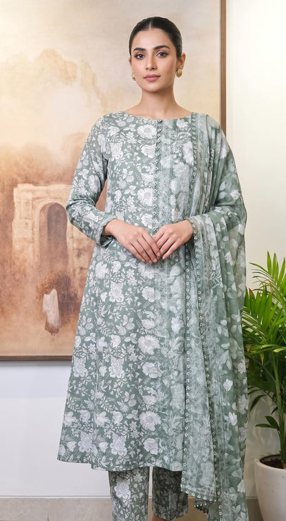 Cambric Cotton Floral Unstitched Suit- Dusty Green
