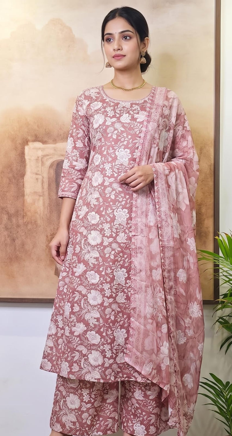 Cambric Cotton Floral Unstitched Suit- Reddish Pink