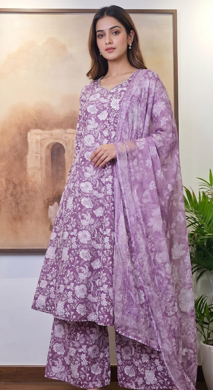 Cambric Cotton Floral Unstitched Suit- Dusty Wine