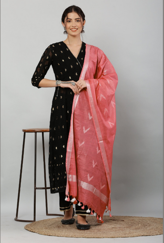 Dupatta-Cotton Ikkat Buta -Carrot Pink