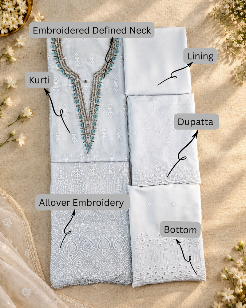 Georgette Embroidered Unstitched Suit- Safed Noor- Blue