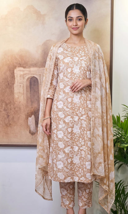 Cambric Cotton Floral Unstitched Suit- Mustard Yellow