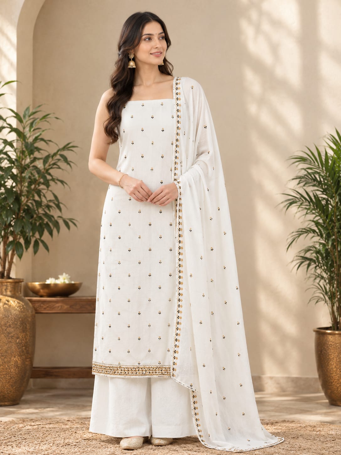 Cotton Embroidered Unstitched Suit- Gulmohar Zari Buti Olive Green