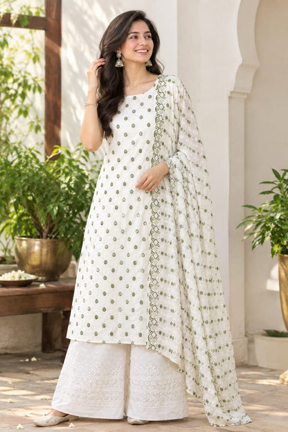 Cotton Embroidered Unstitched Suit- Gulnaar Olive Green