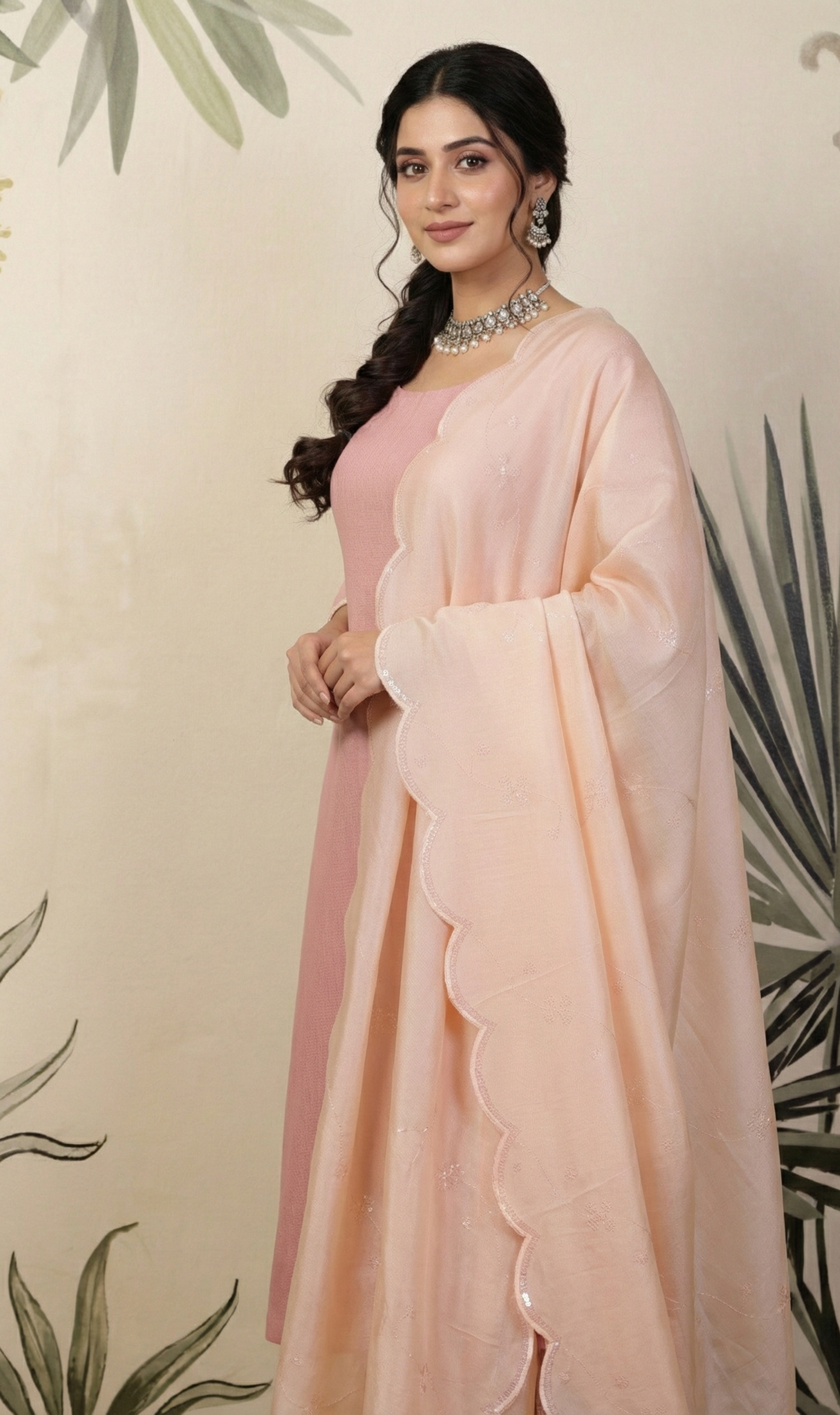 Pink Linen Unstitched Suit Set with Peach Sequins Embroidered Dupatta