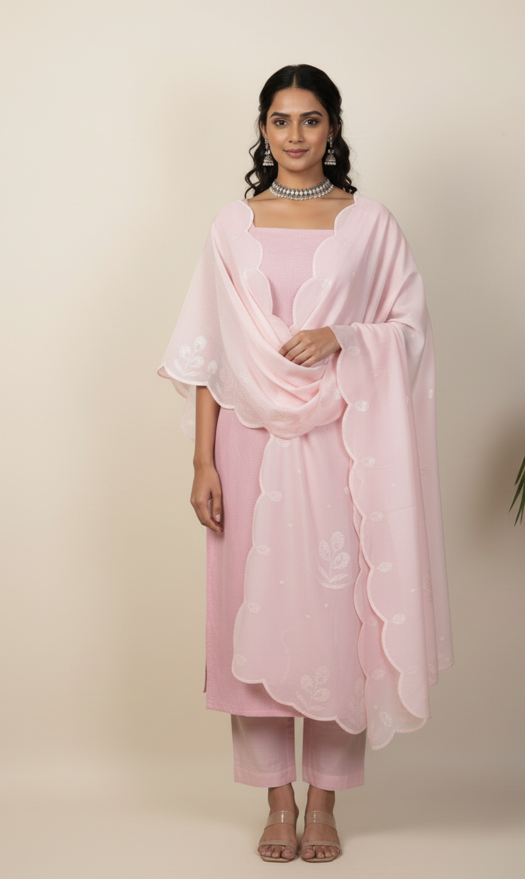 Pink Linen Unstitched Suit Set with Baby Pink Sequins Embroidered Dupatta