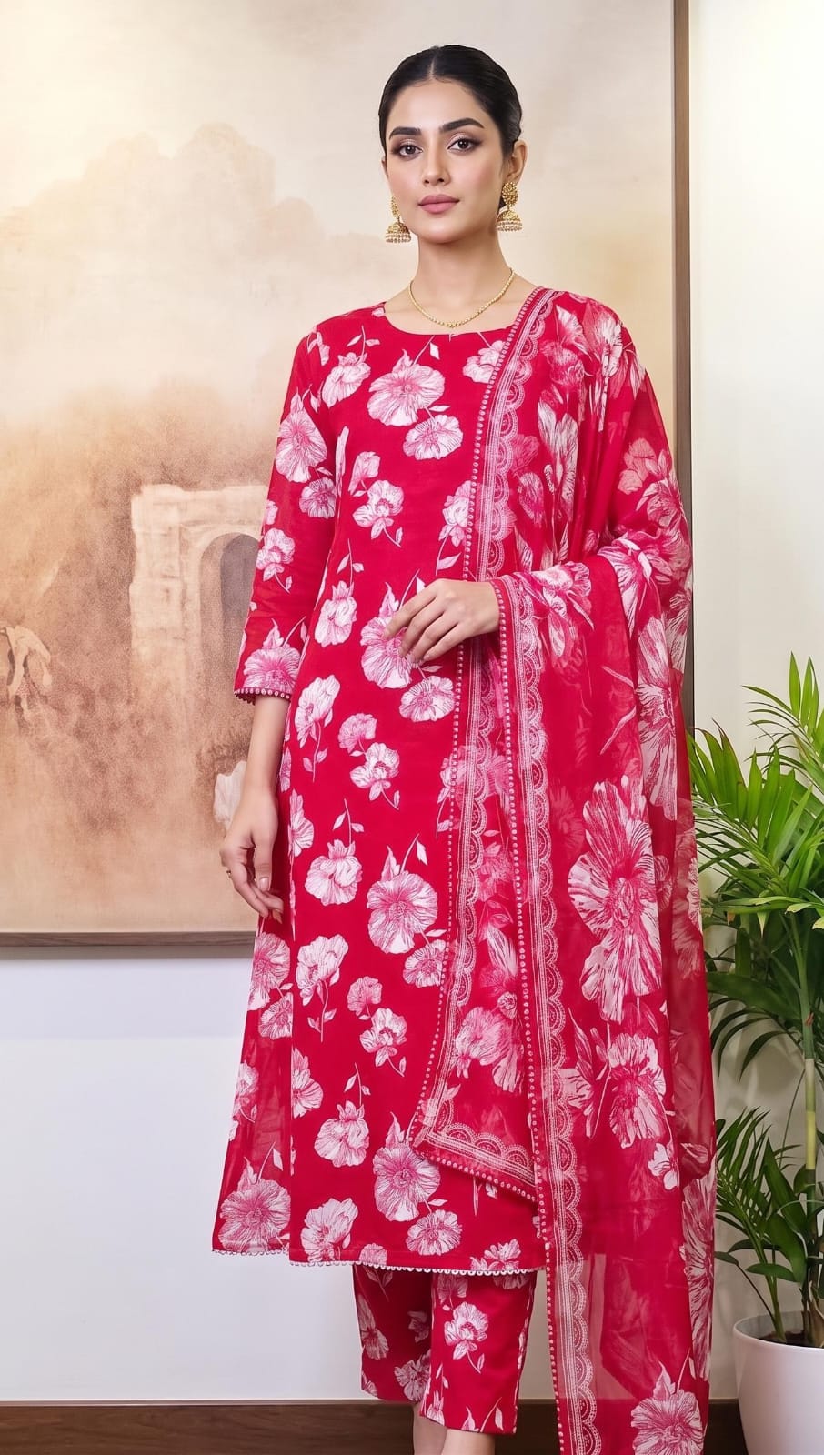 Cambric Cotton Floral Unstitched Suit- Red