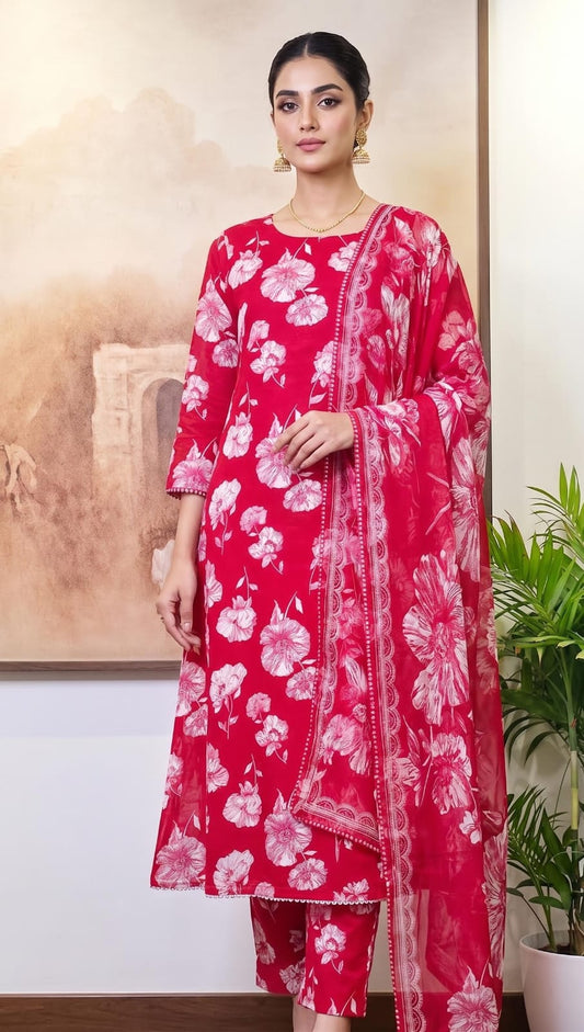 Cambric Cotton Floral Unstitched Suit- Red