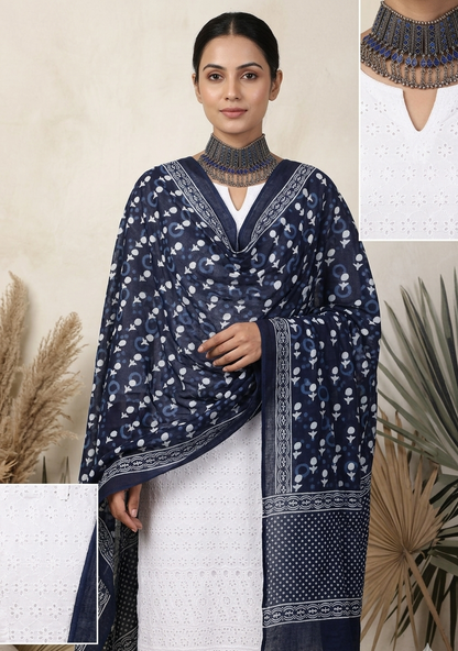 White Cotton Shiffli Unstitched Suit Set with Indigo Blue Printed 1 Mul Cotton Dupatta