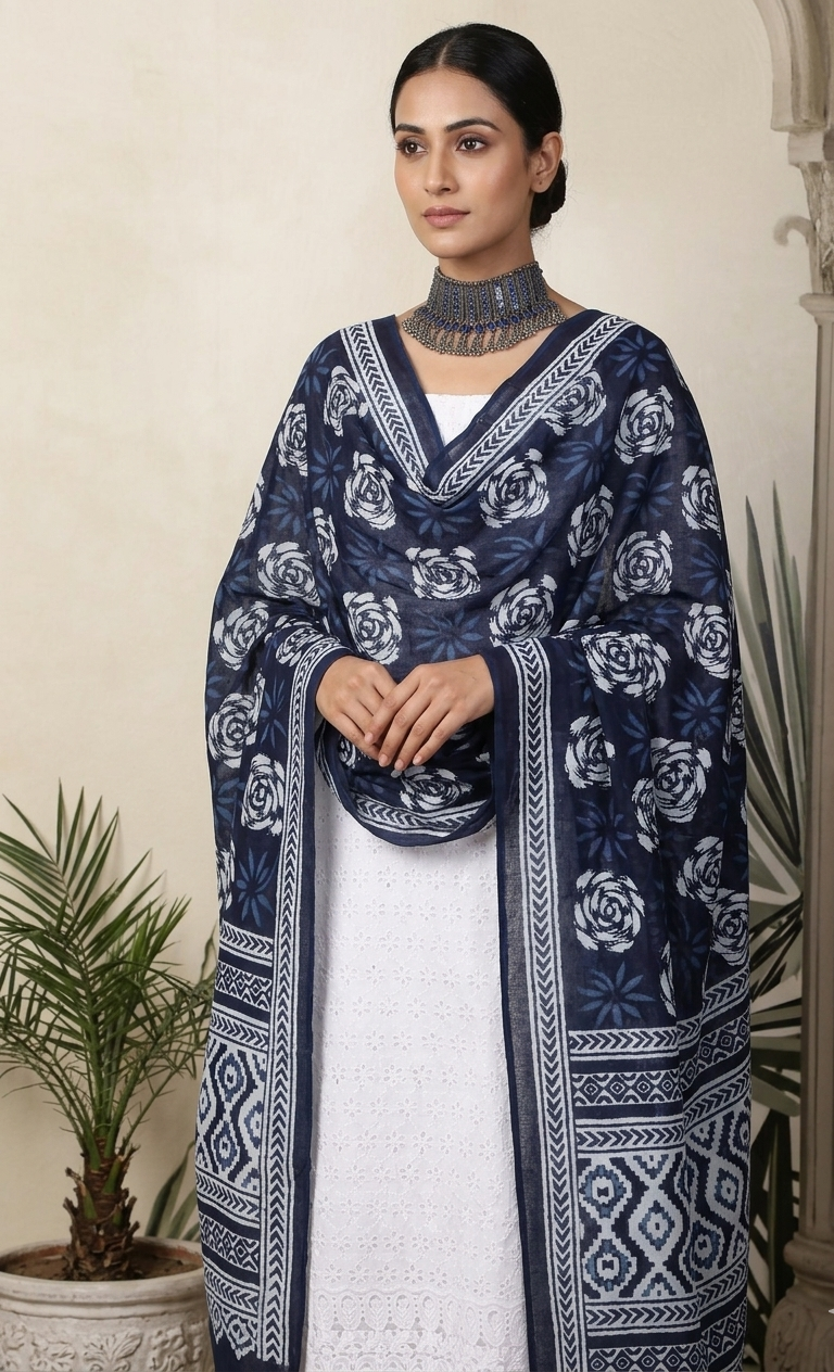 White Cotton Shiffli Unstitched Suit Set with Indigo Blue Printed 3 Mul Cotton Dupatta