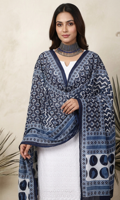 White Cotton Shiffli Unstitched Suit Set with Indigo Blue Printed 4 Mul Cotton Dupatta