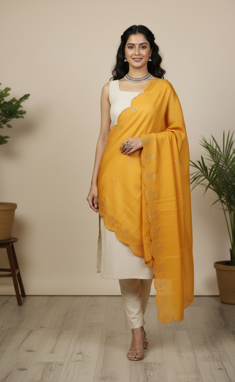 Beige Linen Unstitched Suit Set with Mustard Yellow Sequins Embroidered Dupatta