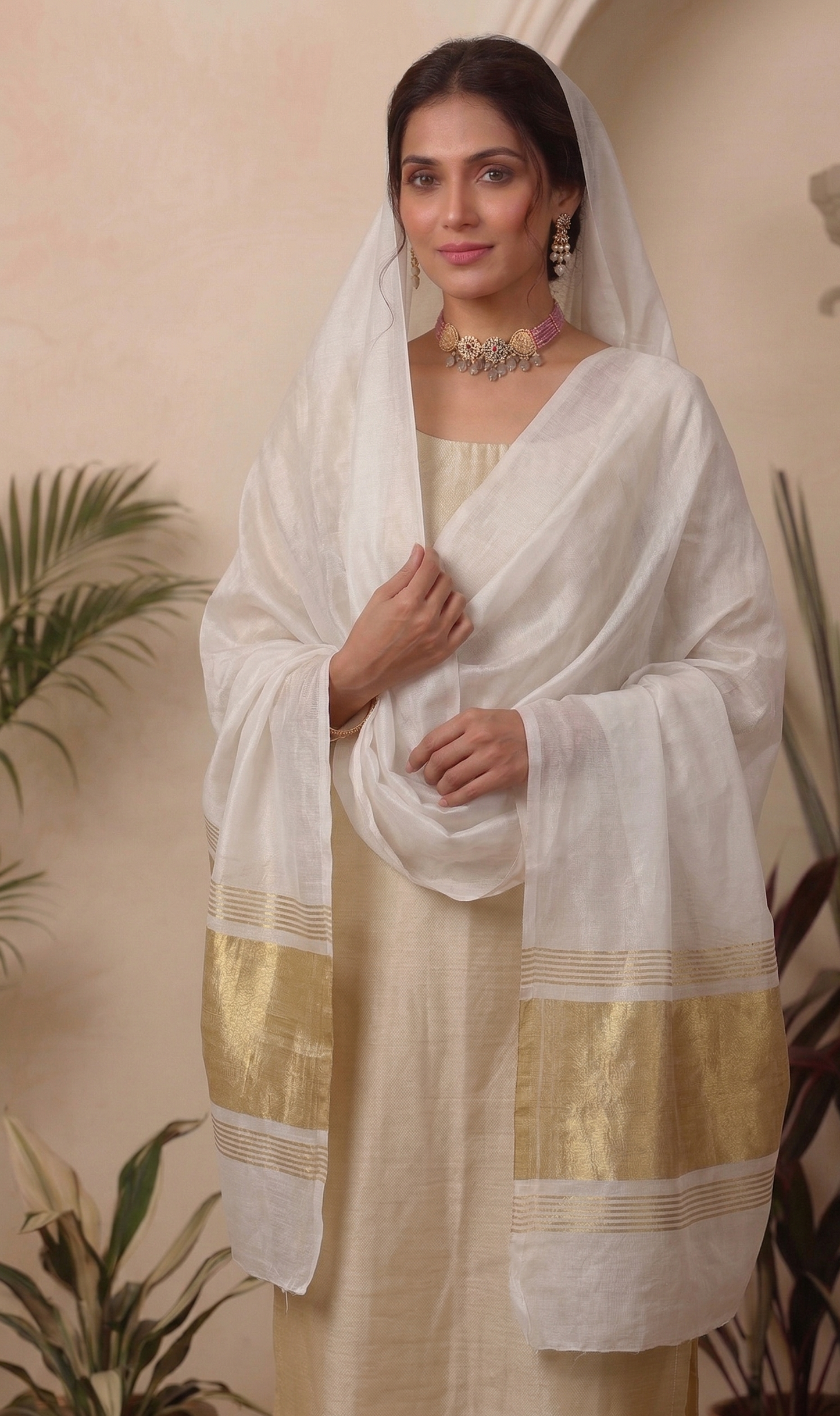 Woman wearing a white dupatta with gold patterns in an indoor setting