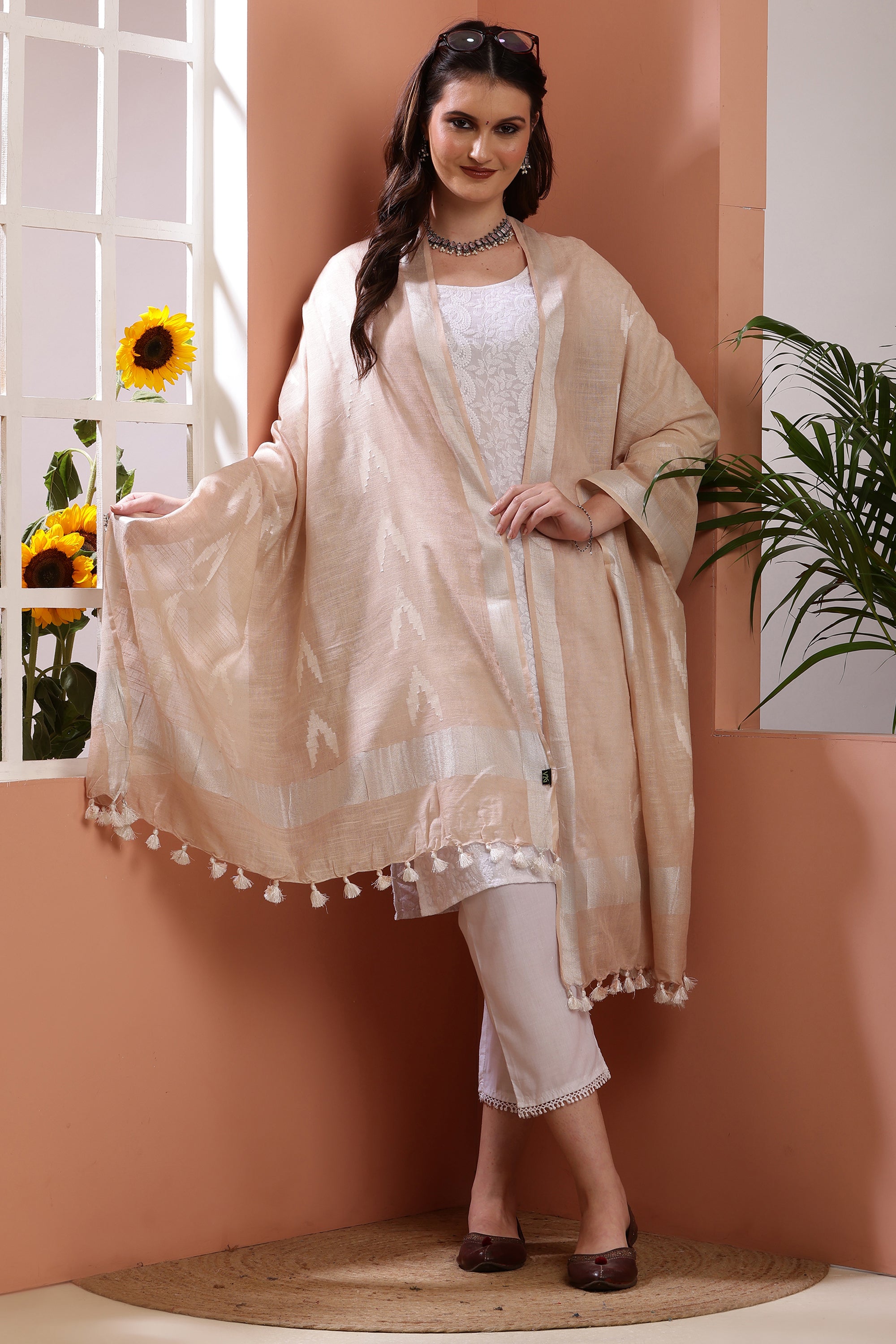 Dupatta -Ikkat Cotton Buta - Beige