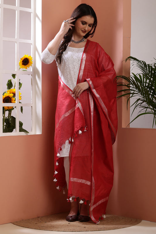Dupatta-Cotton Slub Linen - Red