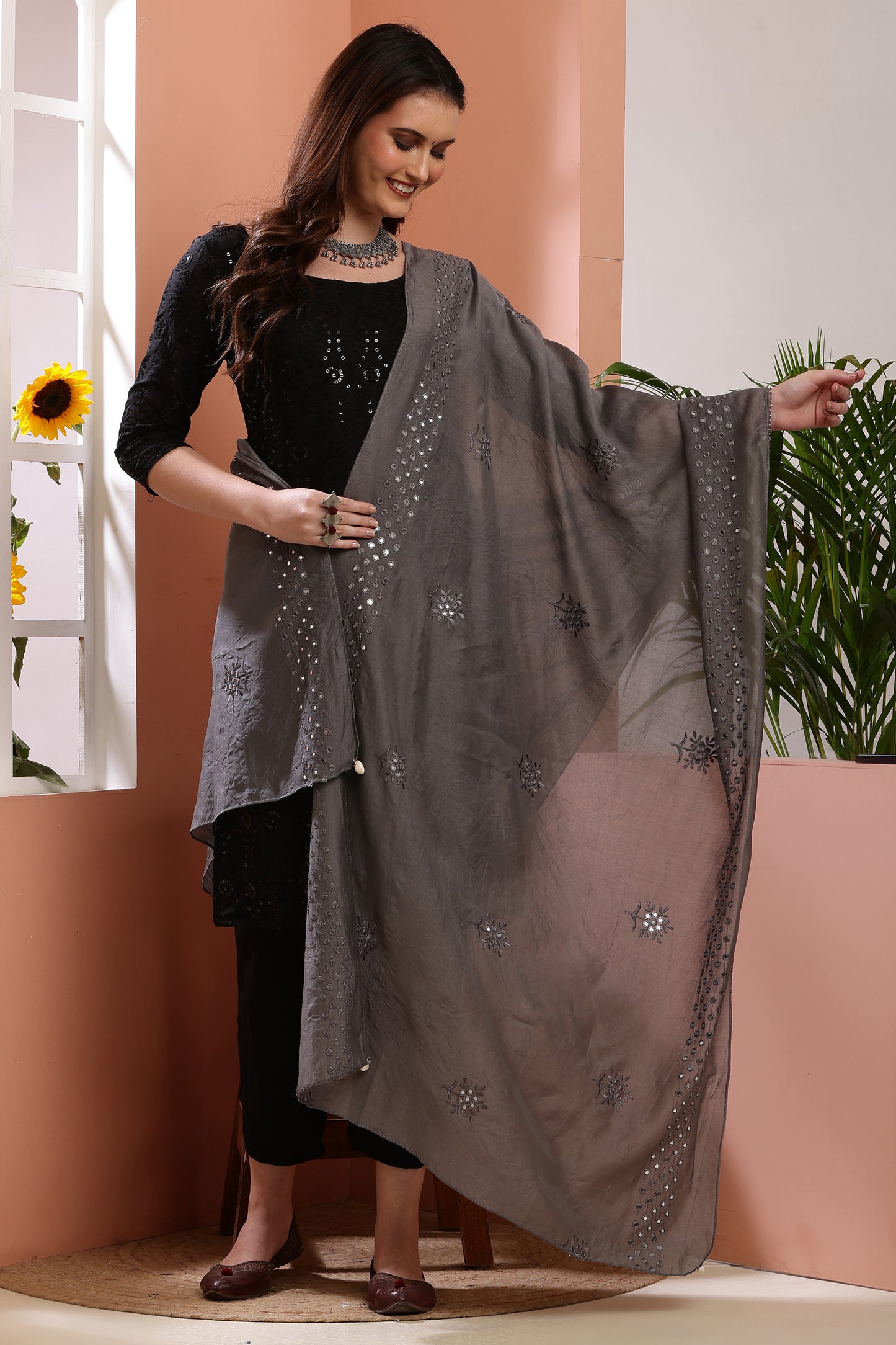 Dupatta- Cotton Silk Foil Mirror Work- Grey