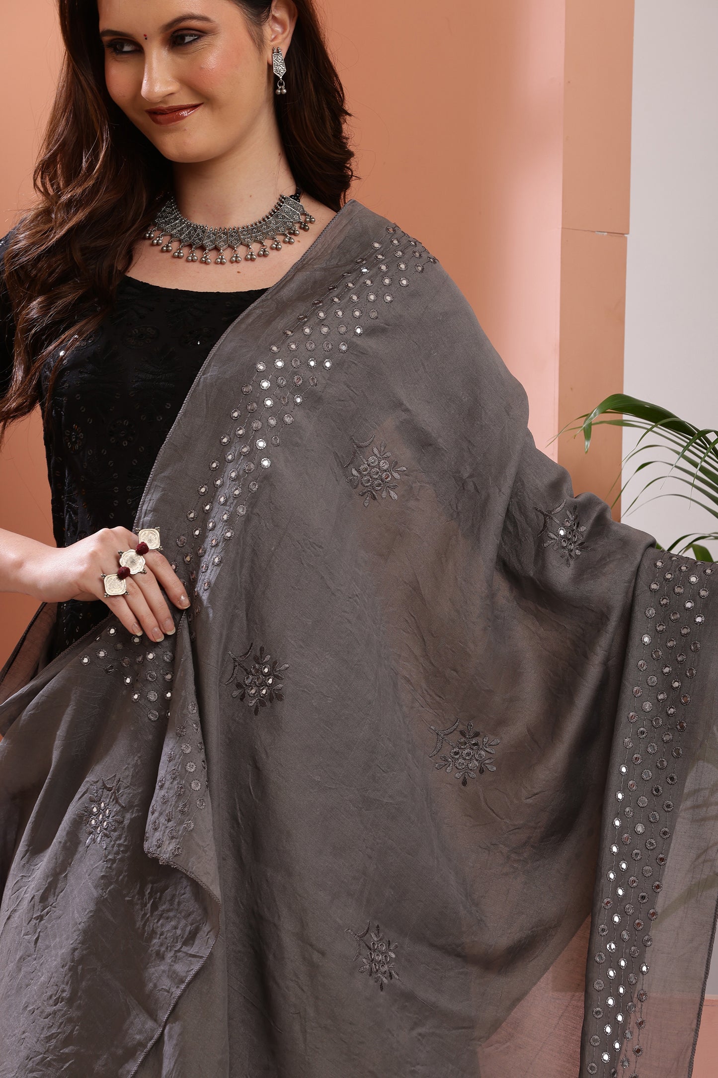 Dupatta- Cotton Silk Foil Mirror Work- Grey