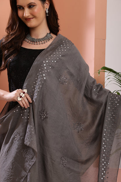 Dupatta- Cotton Silk Foil Mirror Work- Grey