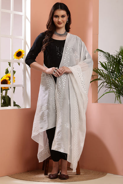 Dupatta- Dyeable Cotton Silk Foil Mirror Work- Cream