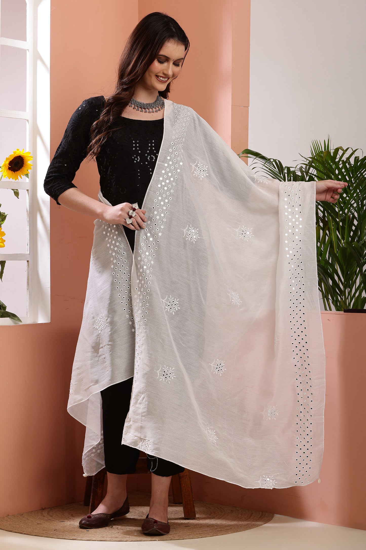 Dupatta- Dyeable Cotton Silk Foil Mirror Work- Cream