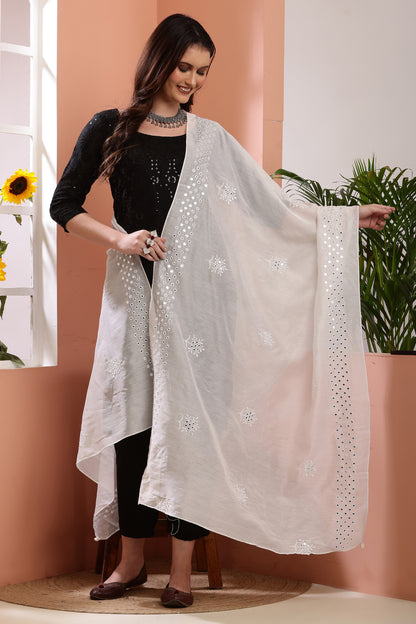 Dupatta- Dyeable Cotton Silk Foil Mirror Work- Cream