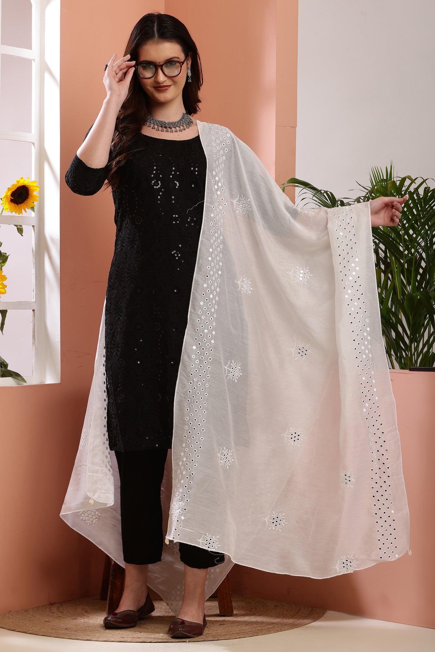 Dupatta- Dyeable Cotton Silk Foil Mirror Work- Cream