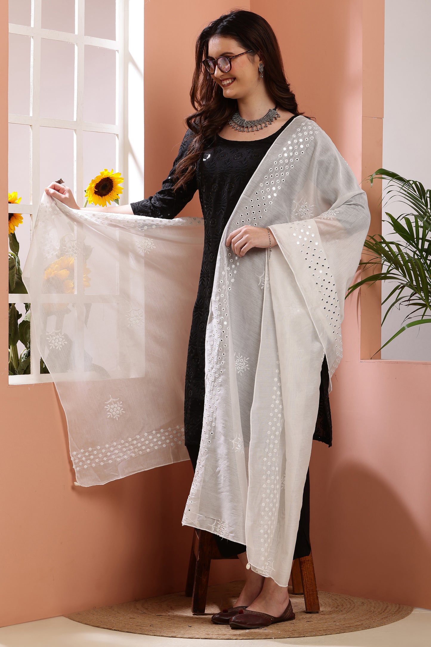 Dupatta- Dyeable Cotton Silk Foil Mirror Work- Cream
