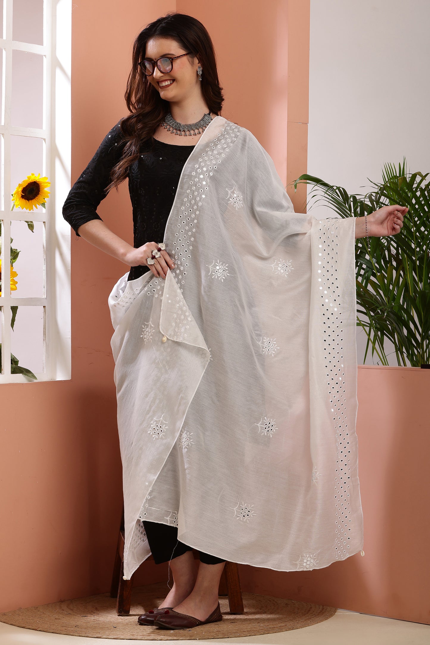 Dupatta- Dyeable Cotton Silk Foil Mirror Work- Cream