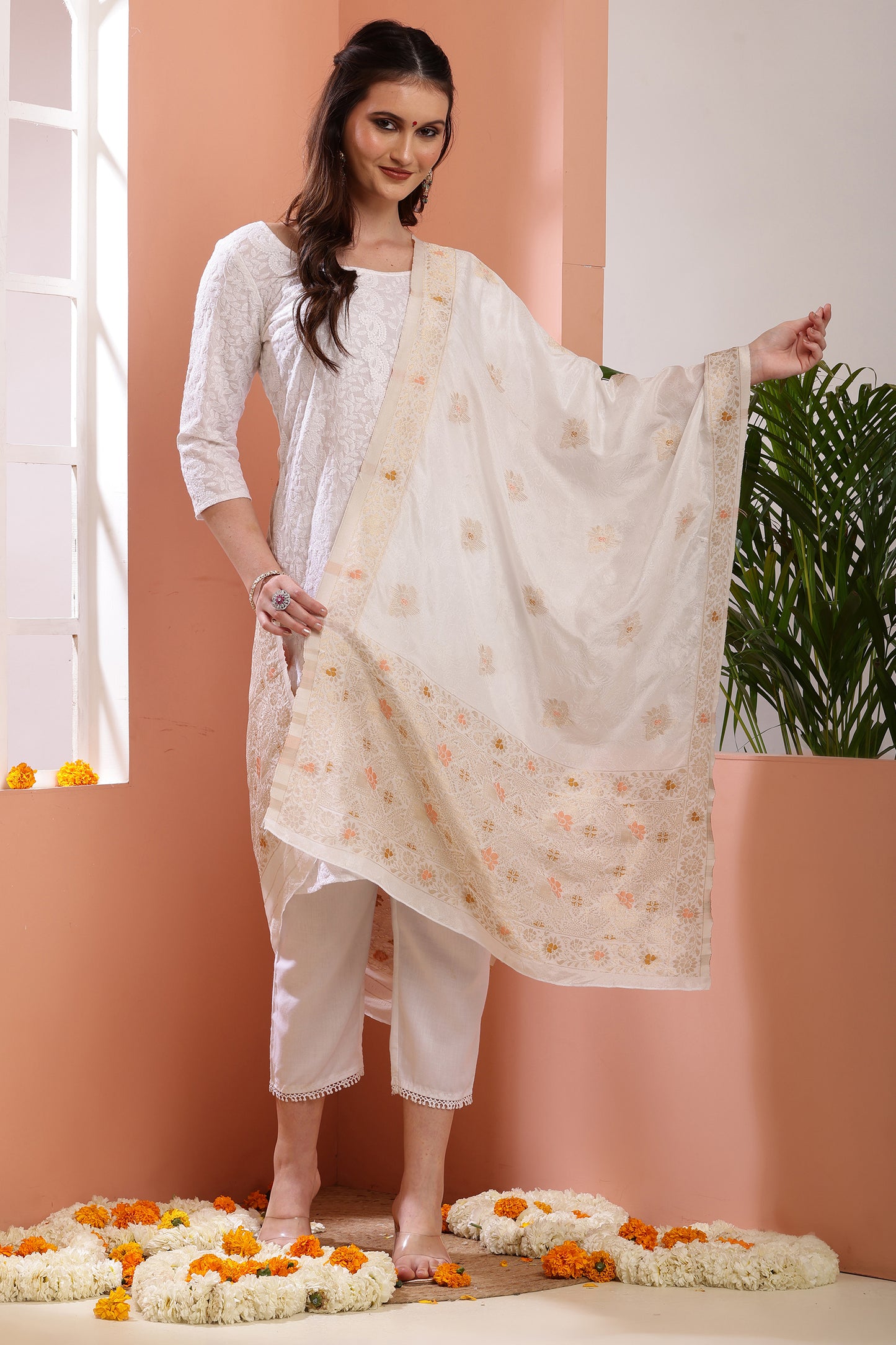Dupatta-Dyeable Mina Work Pure Viscose- Mina Floral