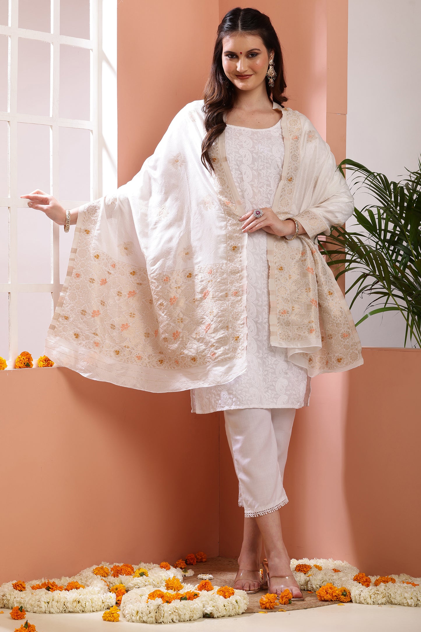 Dupatta-Dyeable Mina Work Pure Viscose- Mina Floral