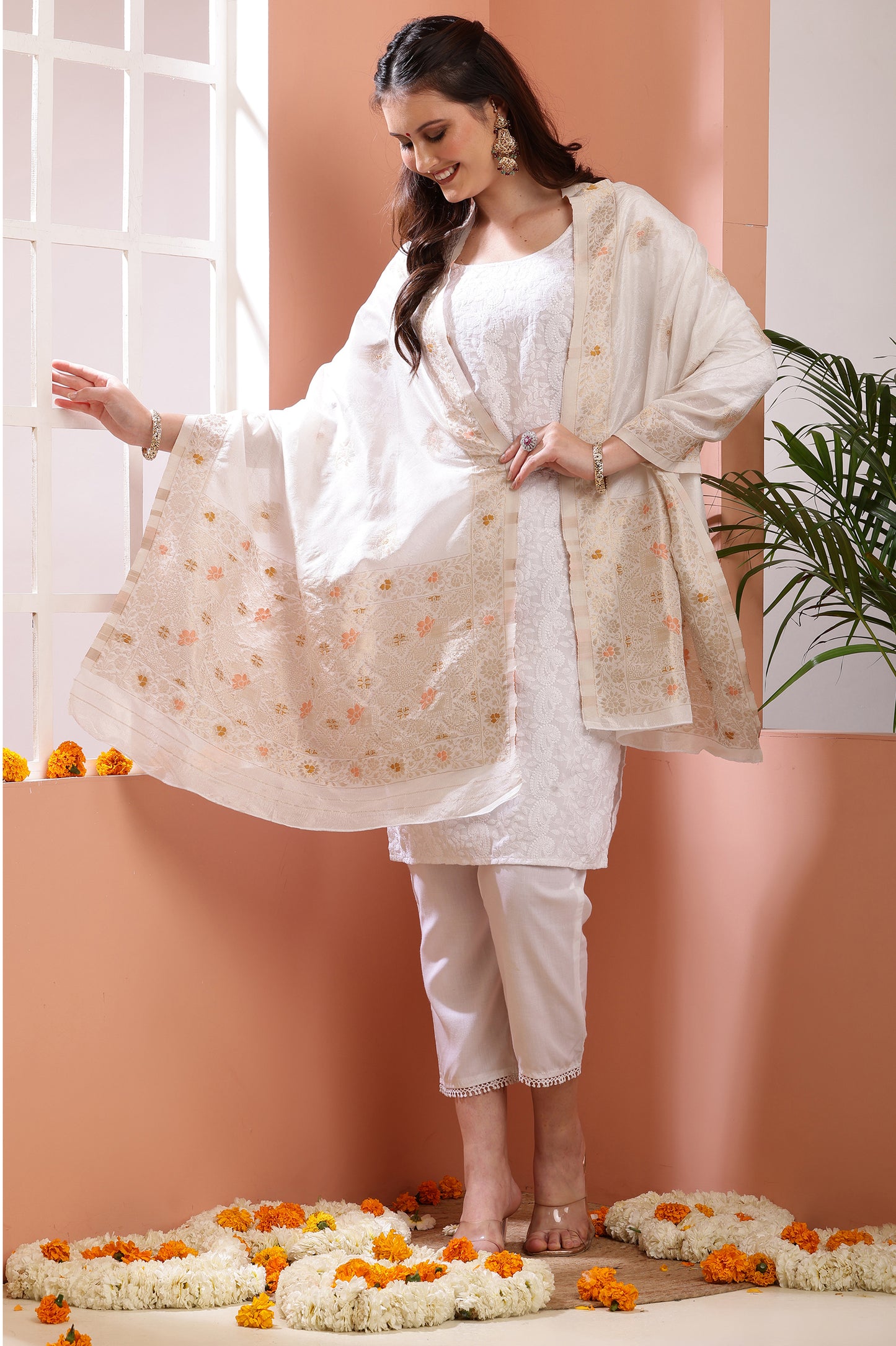 Dupatta-Dyeable Mina Work Pure Viscose- Mina Floral