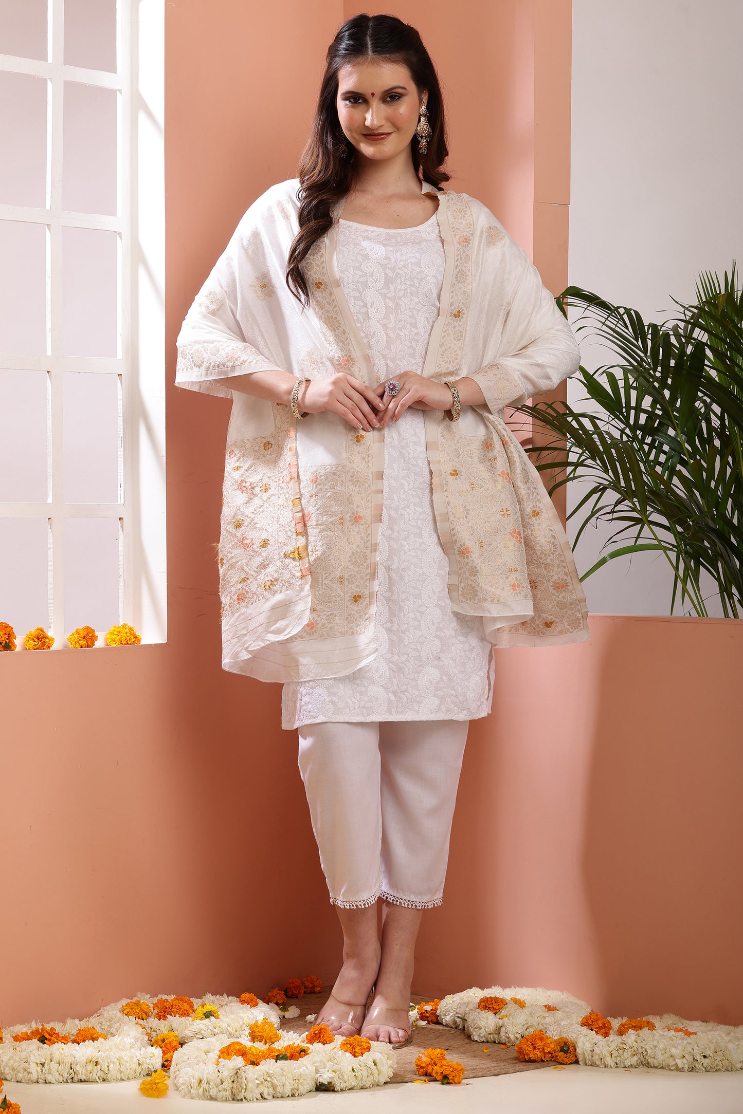 Dupatta-Dyeable Mina Work Pure Viscose- Mina Floral