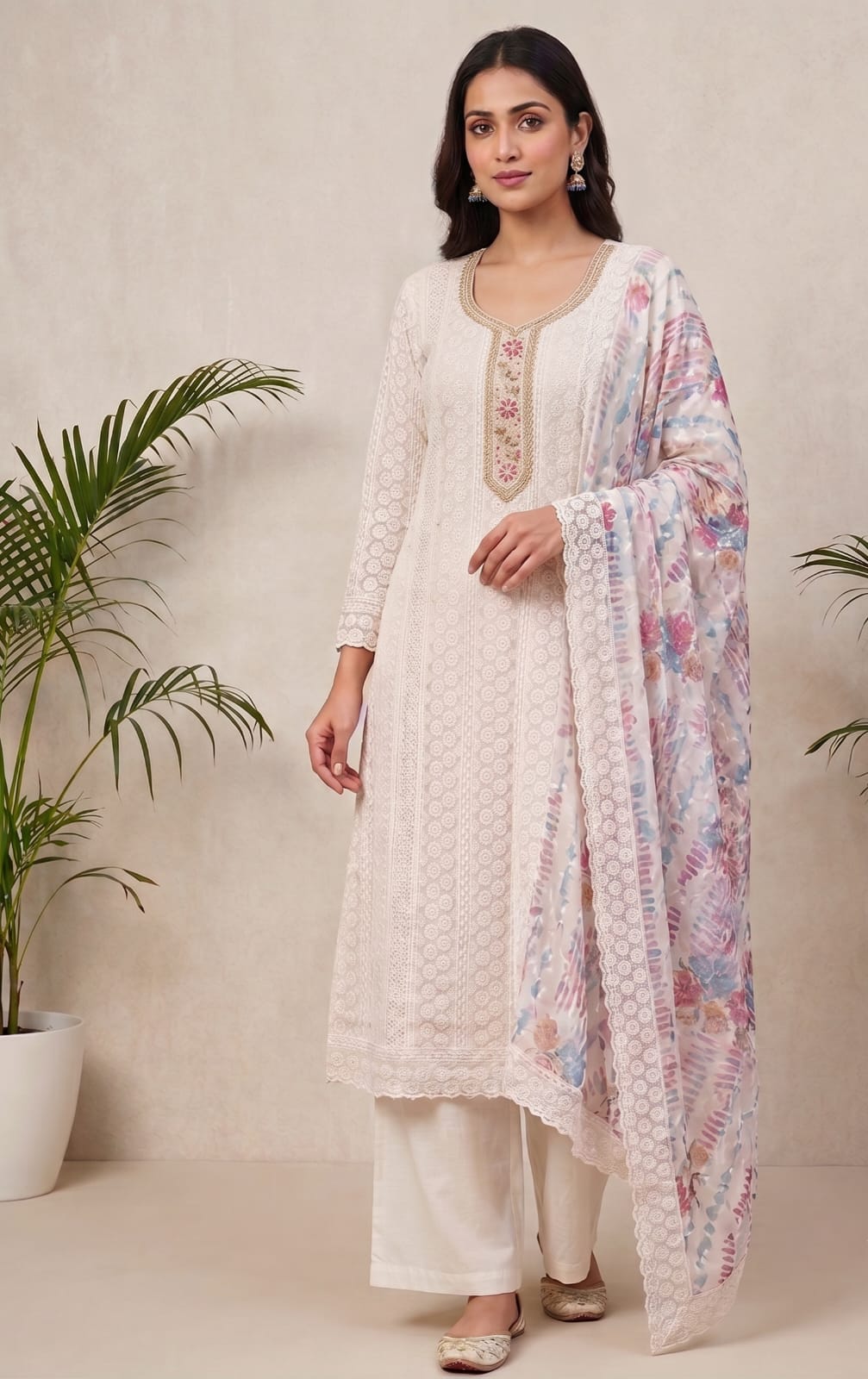 Georgette Floral Unstitched Suit- Peach Floral Neck