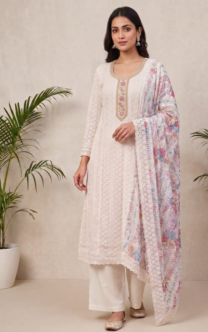 Georgette Floral Unstitched Suit- Peach Floral Neck