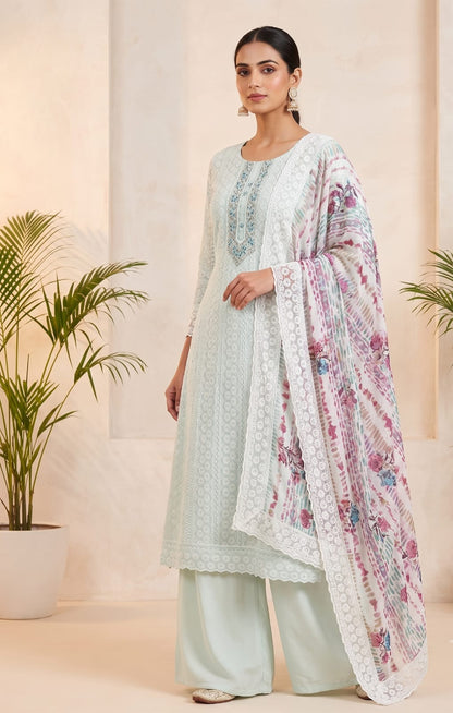 Georgette Floral Unstitched Suit- Sea Blue Floral Neck
