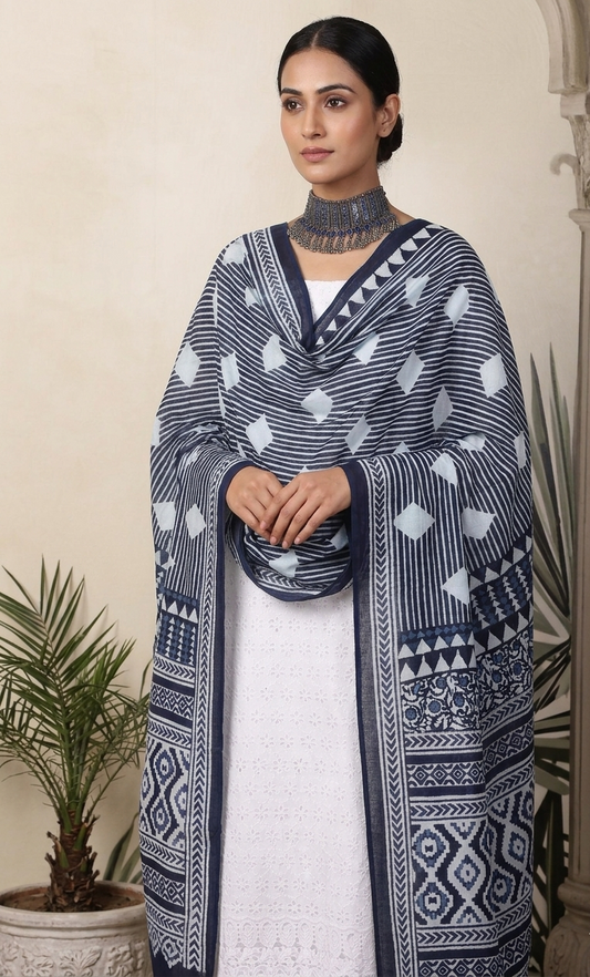 White Cotton Shiffli Unstitched Suit Set with Indigo Blue Printed 5 Mul Cotton Dupatta