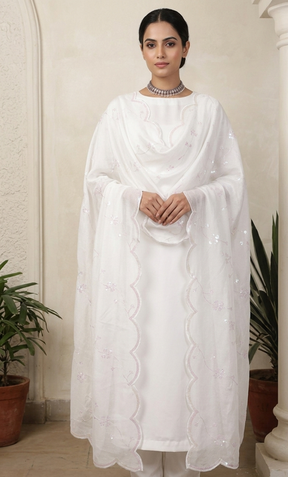 White Modal Satin Unstitched Suit Set with White Sequins Embroidered Dupatta
