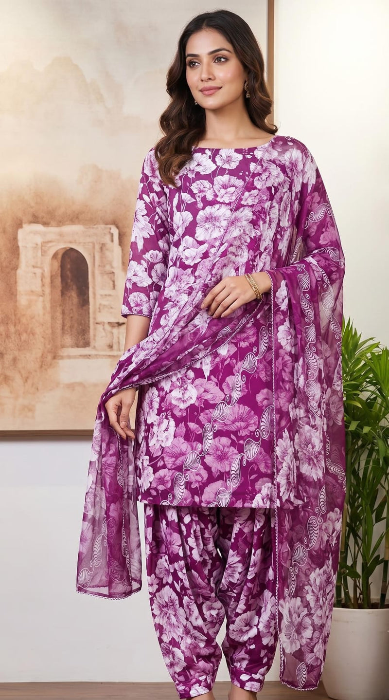 Cambric Cotton Floral Unstitched Suit- Wine Red
