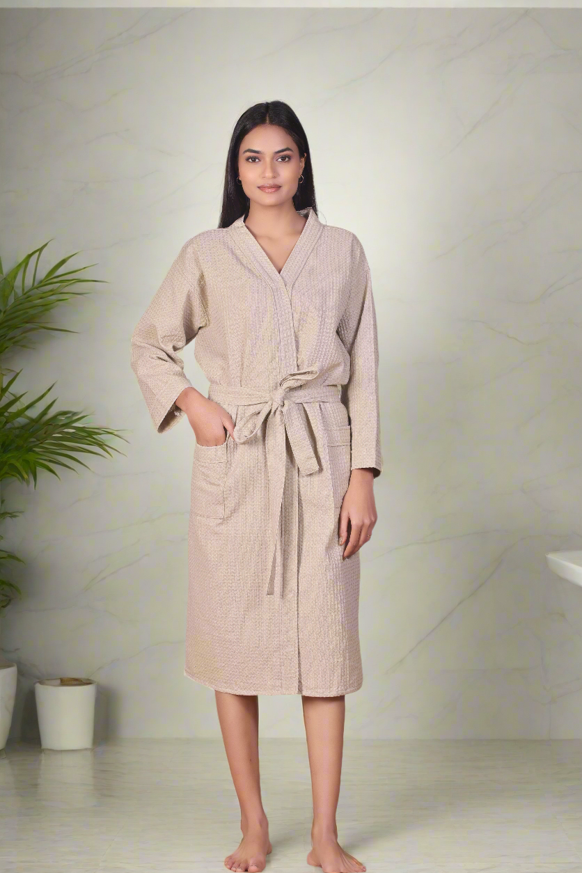Waffle Cotton Bathrobe-Caramel Cream
