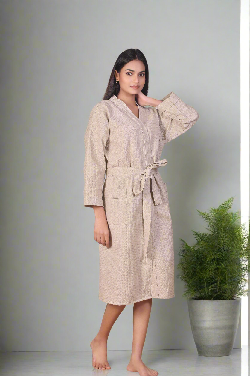 Waffle Cotton Bathrobe-Caramel Cream