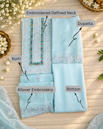 Georgette Embroidered Unstitched Suit- Mehfil Cream Blue