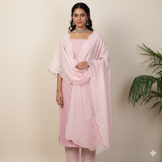Baby Pink Linen Unstitched Suit Set with Pink Sequins Embroidered Dupatta