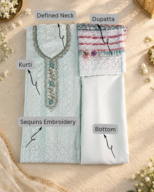 Georgette Floral Unstitched Suit- Sea Blue Floral Neck