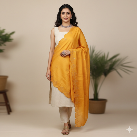 Beige Linen Unstitched Suit Set with Mustard Yellow Sequins Embroidered Dupatta