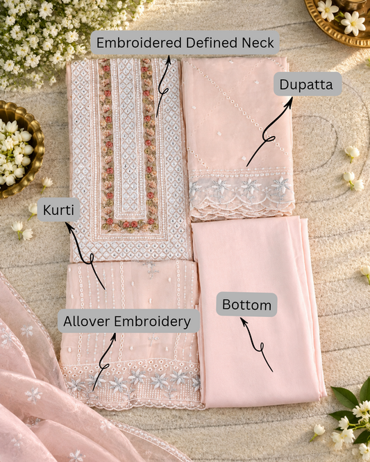 Georgette Embroidered Unstitched Suit- Mehfil Cream Peach